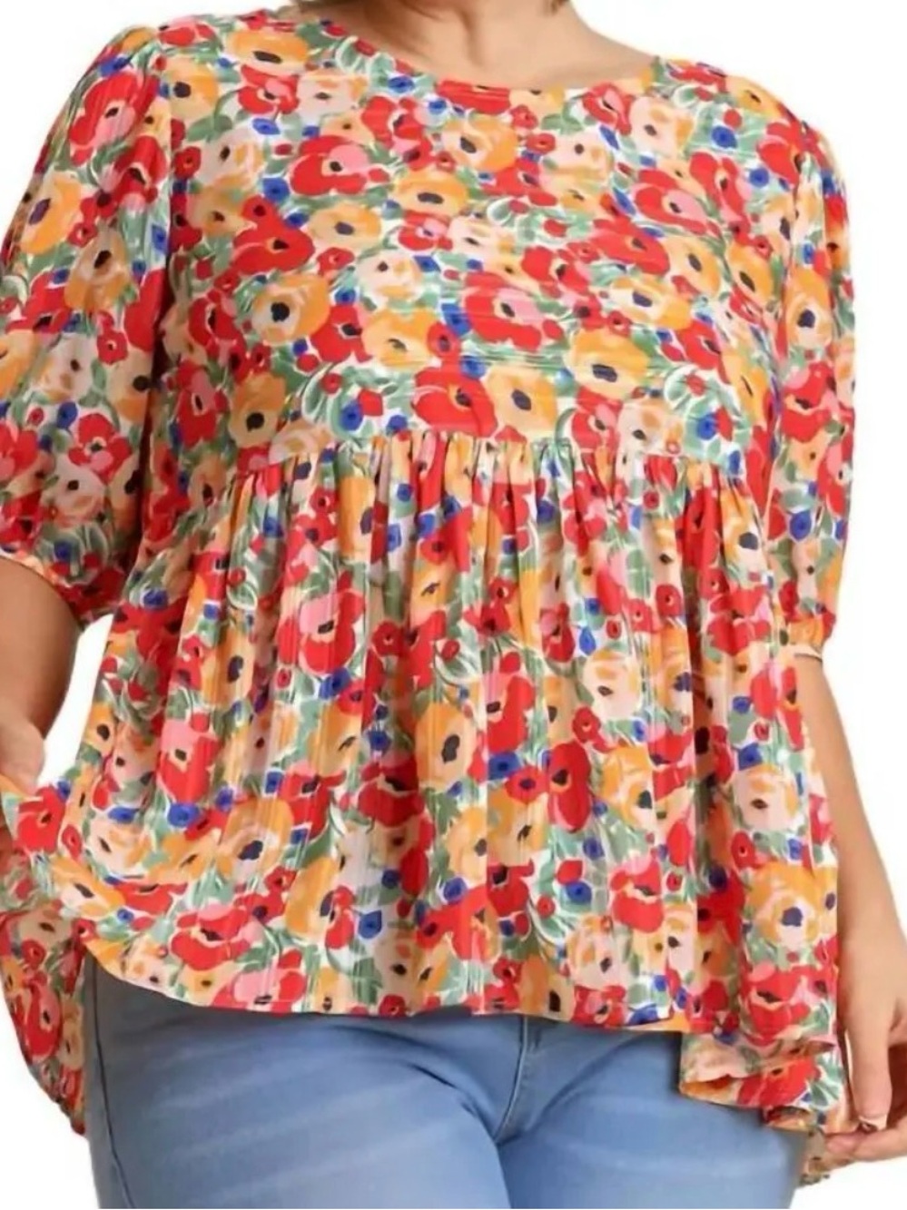 Umgee Floral Peplum Babydoll Top in Red, Peach & Blue Medium